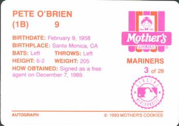 1993 Mother's Cookies Seattle Mariners #3 Pete O'Brien Back