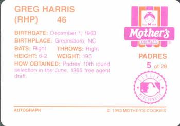 1993 Mother's Cookies San Diego Padres #5 Greg Harris Back