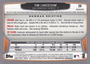 2013 Bowman Chrome - Green Refractors #20 Tim Lincecum Back