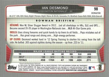 2013 Bowman Chrome - Green Refractors #98 Ian Desmond Back
