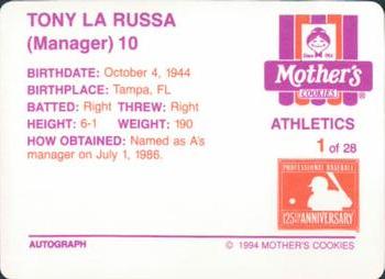 1994 Mother's Cookies Oakland Athletics #1 Tony La Russa Back