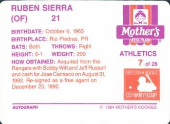 1994 Mother's Cookies Oakland Athletics #7 Ruben Sierra Back