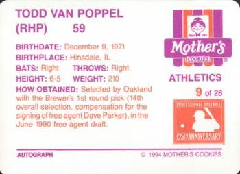 1994 Mother's Cookies Oakland Athletics #9 Todd Van Poppel Back