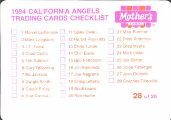 1994 Mother's Cookies California Angels #28 Coaches & Checklist (Chuck Hernandez / Ken Macha / Bobby Knoop / Joe Maddon / Rod Carew / Max Oliveras) Back