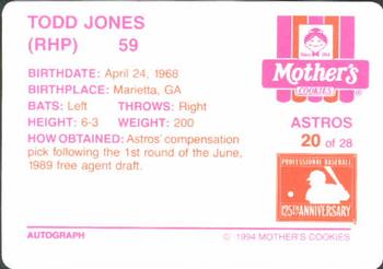 1994 Mother's Cookies Houston Astros #20 Todd Jones Back