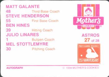 1994 Mother's Cookies Houston Astros #27 Astros Coaches (Ben Hines / Julio Linares / Matt Galante / Steve Henderson / Mel Stottlemyre) Back