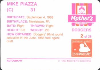 1994 Mother's Cookies Los Angeles Dodgers #2 Mike Piazza Back