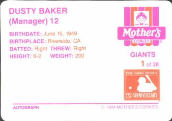 1994 Mother's Cookies San Francisco Giants #1 Dusty Baker Back