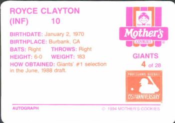 1994 Mother's Cookies San Francisco Giants #4 Royce Clayton Back