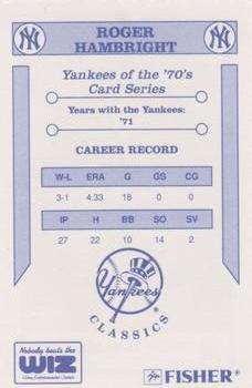 1992 The Wiz New York Yankees of the 70s #NNO Roger Hambright Back