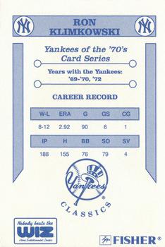 1992 The Wiz New York Yankees of the 70s #NNO Ron Klimkowski Back