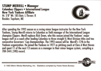 1993 Columbus Clippers #NNO Stump Merrill Back