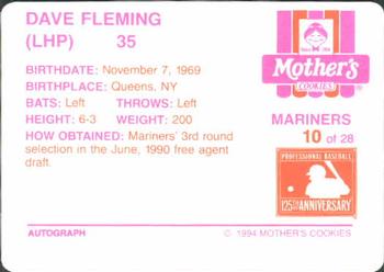 1994 Mother's Cookies Seattle Mariners #10 Dave Fleming Back