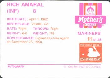 1994 Mother's Cookies Seattle Mariners #11 Rich Amaral Back