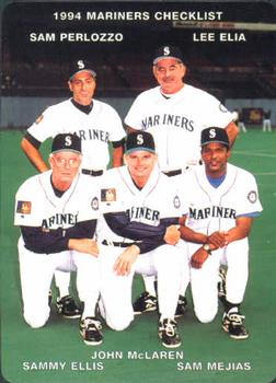 1994 Mother's Cookies Seattle Mariners #28 Coaches & Checklist (Sam Perlozzo / Lee Elia / Sammy Ellis / John McLaren / Sam Mejias) Front