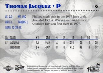 1998 Multi-Ad Clearwater Phillies #9 Thomas Jacquez Back