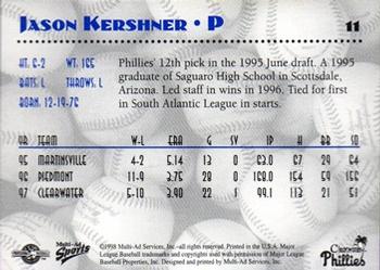 1998 Multi-Ad Clearwater Phillies #11 Jason Kershner Back