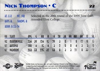 1998 Multi-Ad Clearwater Phillies #22 Nick Thompson Back