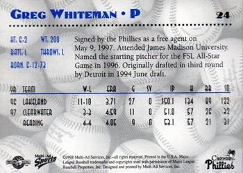 1998 Multi-Ad Clearwater Phillies #24 Greg Whiteman Back