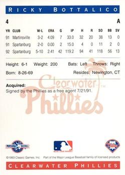 1993 Classic Best Clearwater Phillies #4 Ricky Bottalico Back