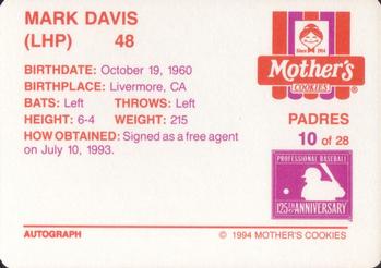1994 Mother's Cookies San Diego Padres #10 Mark Davis Back