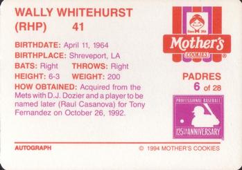 1994 Mother's Cookies San Diego Padres #6 Wally Whitehurst Back