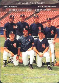 1995 Mother's Cookies California Angels #28 Coaches & Checklist (Rod Carew / Chuck Hernandez / Bobby Knoop / Rick Burleson / Bill Lachemann / Dick Billmeyer / Joe Maddon) Front
