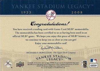 2008 Upper Deck Yankee Stadium Legacy Final Season Box Set #NNO2 Game Used Bat Back
