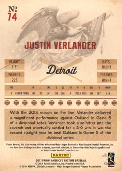 2013 Panini America's Pastime #74 Justin Verlander Back