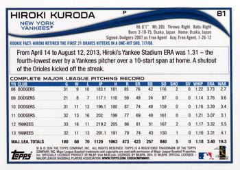 2014 Topps Opening Day #81 Hiroki Kuroda Back