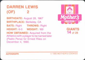 1995 Mother's Cookies San Francisco Giants #14 Darren Lewis Back