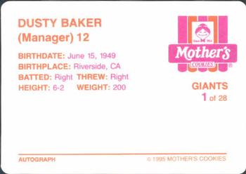 1995 Mother's Cookies San Francisco Giants #1 Dusty Baker Back