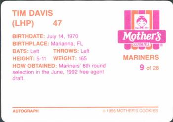 1995 Mother's Cookies Seattle Mariners #9 Tim Davis Back
