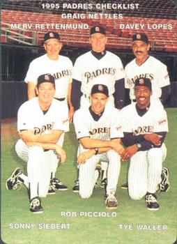 1995 Mother's Cookies San Diego Padres #28 Coaches & Checklist (Merv Rettenmund / Graig Nettles / Davey Lopes / Sonny Siebert / Rob Picciolo / Tye Waller) Front