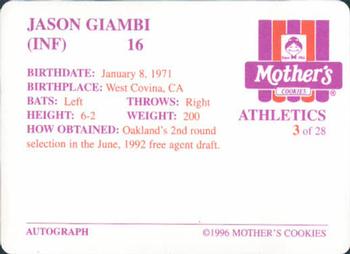 1996 Mother's Cookies Oakland Athletics #3 Jason Giambi Back