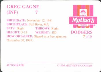 1996 Mother's Cookies Los Angeles Dodgers #7 Greg Gagne Back