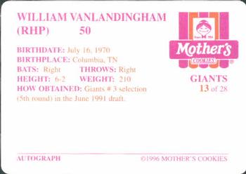 1996 Mother's Cookies San Francisco Giants #13 William Van Landingham Back