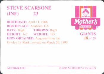 1996 Mother's Cookies San Francisco Giants #18 Steve Scarsone Back