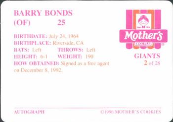 1996 Mother's Cookies San Francisco Giants #2 Barry Bonds Back