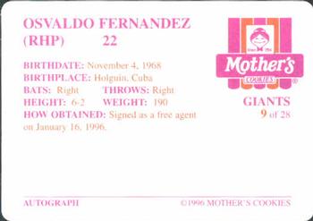 1996 Mother's Cookies San Francisco Giants #9 Osvaldo Fernandez Back