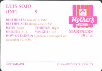 1996 Mother's Cookies Seattle Mariners #19 Luis Sojo Back