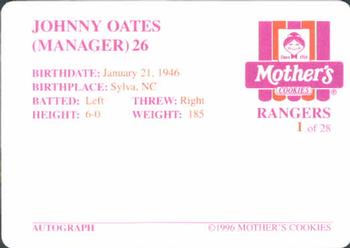 1996 Mother's Cookies Texas Rangers #1 Johnny Oates Back