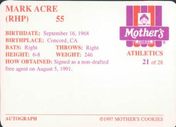 1997 Mother's Cookies Oakland Athletics #21 Mark Acre Back