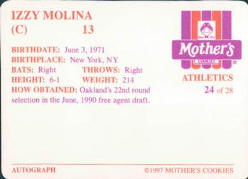 1997 Mother's Cookies Oakland Athletics #24 Izzy Molina Back