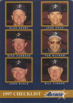 1997 Mother's Cookies Houston Astros #28 Coaches & Checklist (Alan Ashby / Jose Cruz / Mike Cubbage / Tom McCraw / Vern Ruhle / Bill Virdon) Front