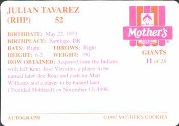 1997 Mother's Cookies San Francisco Giants #11 Julian Tavarez Back