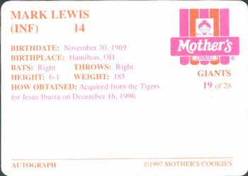 1997 Mother's Cookies San Francisco Giants #19 Mark Lewis Back