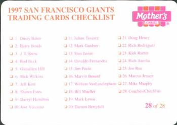 1997 Mother's Cookies San Francisco Giants #28 Coaches & Checklist (Carlos Alfonso / Gene Clines / Sonny Jackson / Juan Lopez / Ron Perranoski / Dick Pole) Back