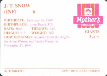 1997 Mother's Cookies San Francisco Giants #3 J.T. Snow Back