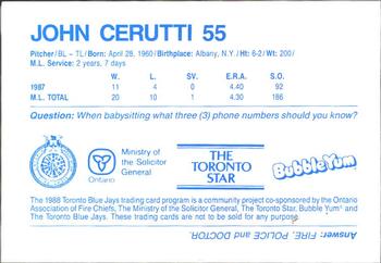 1988 Toronto Blue Jays Fire Safety #NNO John Cerutti Back